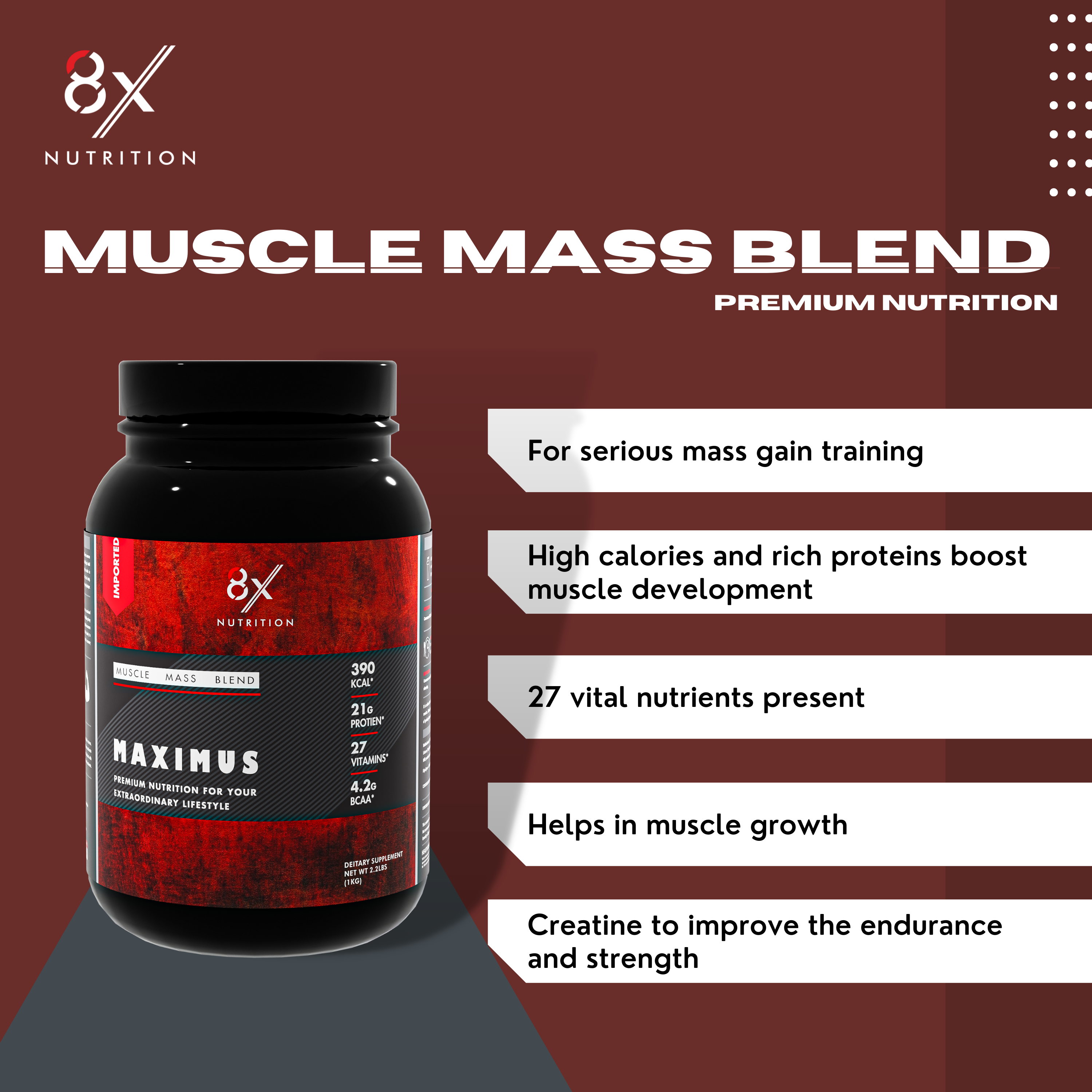 8X Nutrition Muscle Mass Blend with Complex Carbs and Proteins in 3:1 ratio (2.2 LBS) - BELGIUM CHOCOLATE MOUSSE