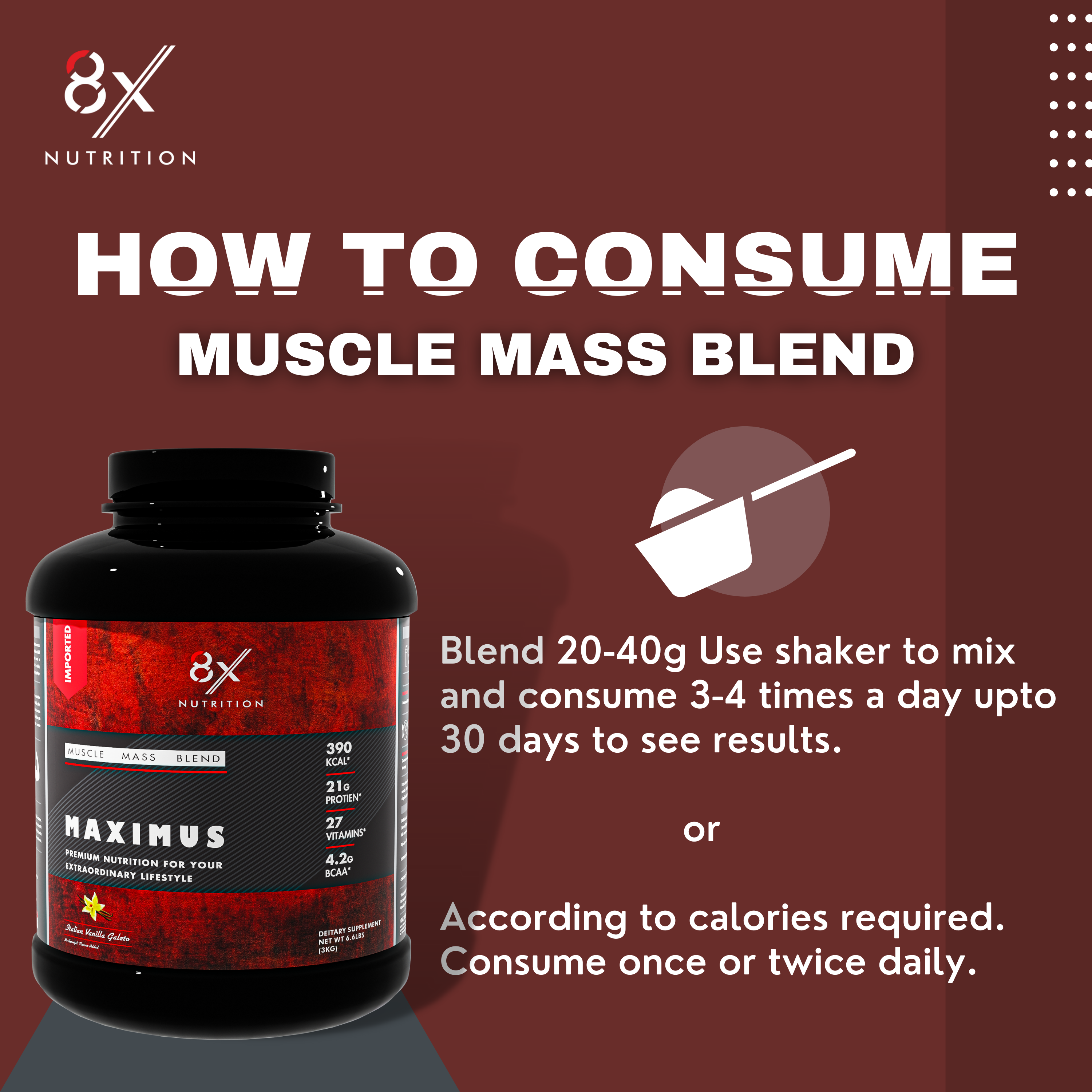 8X Nutrition Muscle Mass Blend with Complex Carbs and Proteins in 3:1 ratio (6.6 LBS) - ITALIN VANILLA GELATO