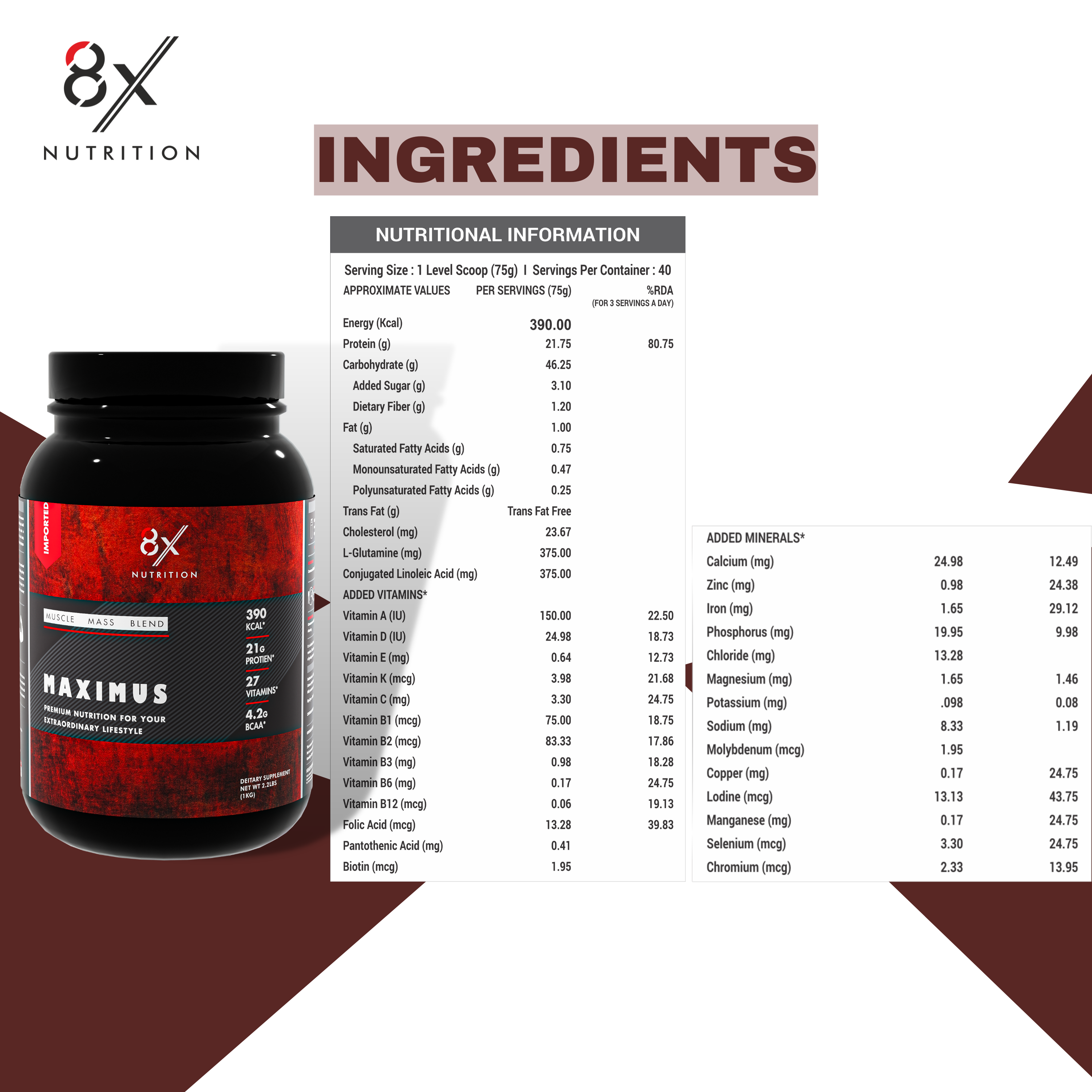 8X Nutrition Muscle Mass Blend with Complex Carbs and Proteins in 3:1 ratio (2.2 LBS) - BELGIUM CHOCOLATE MOUSSE