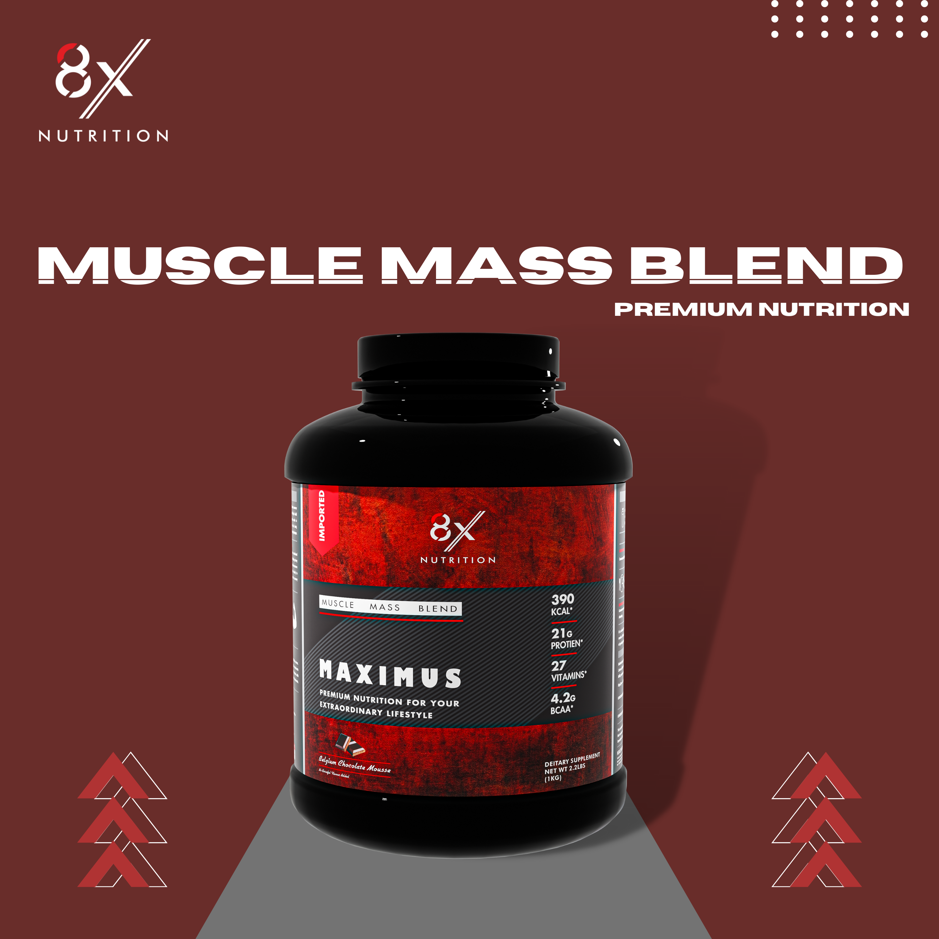 8X Nutrition Muscle Mass Blend with Complex Carbs and Proteins in 3:1 ratio (6.6 LBS) - BELGIUM CHOCOLATE MOUSSE
