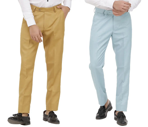 Kundan Men Poly-Viscose Blended Khaki and Light Sky Blue Formal Trousers ( Pack of 2 Trousers )