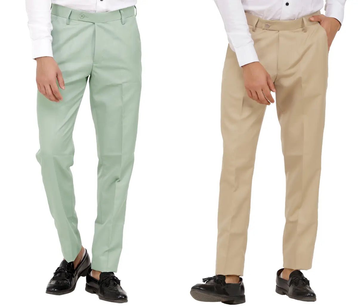 Kundan Men Poly-Viscose Blended Olive Green and Beige Formal Trousers ( Pack of 2 Trousers )