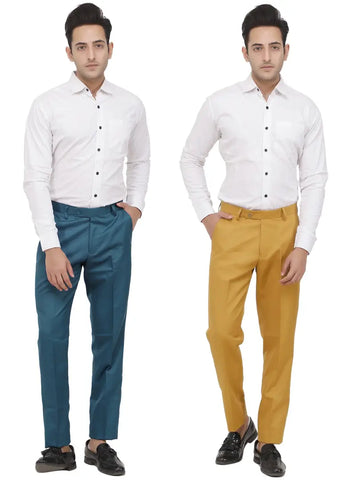 Kundan Men Poly-Viscose Blended Morpich Blue and Khaki Formal Trousers ( Pack of 2 Trousers )