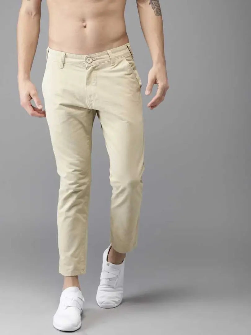 Men's Beige Cotton Spandex Solid Mid-Rise Casual Regular Trouser