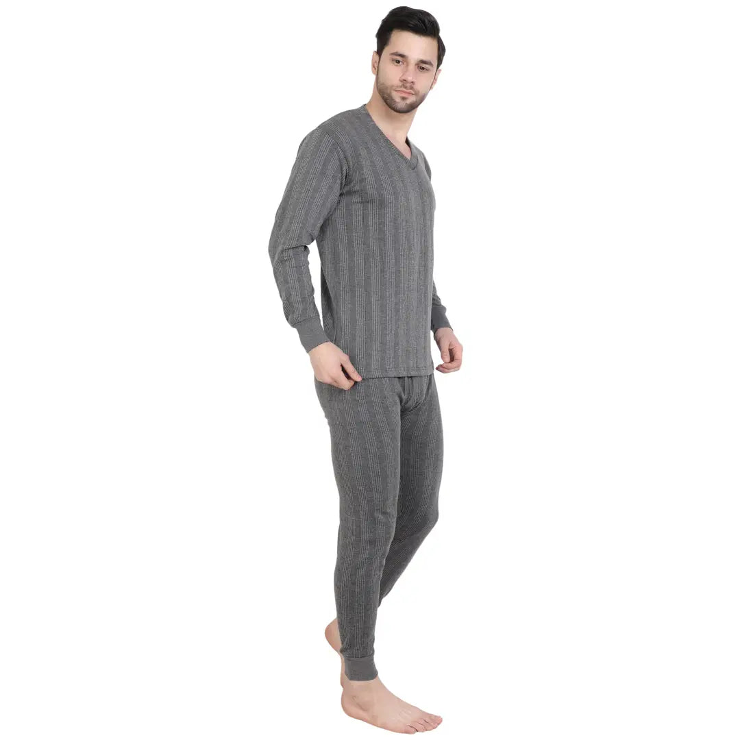 Stylish Cotton Solid Grey Thermal Top And Pyjama Set For Men