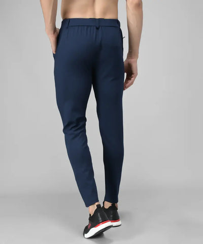 Blue Cotton Spandex Solid Regular Fit Track Pants
