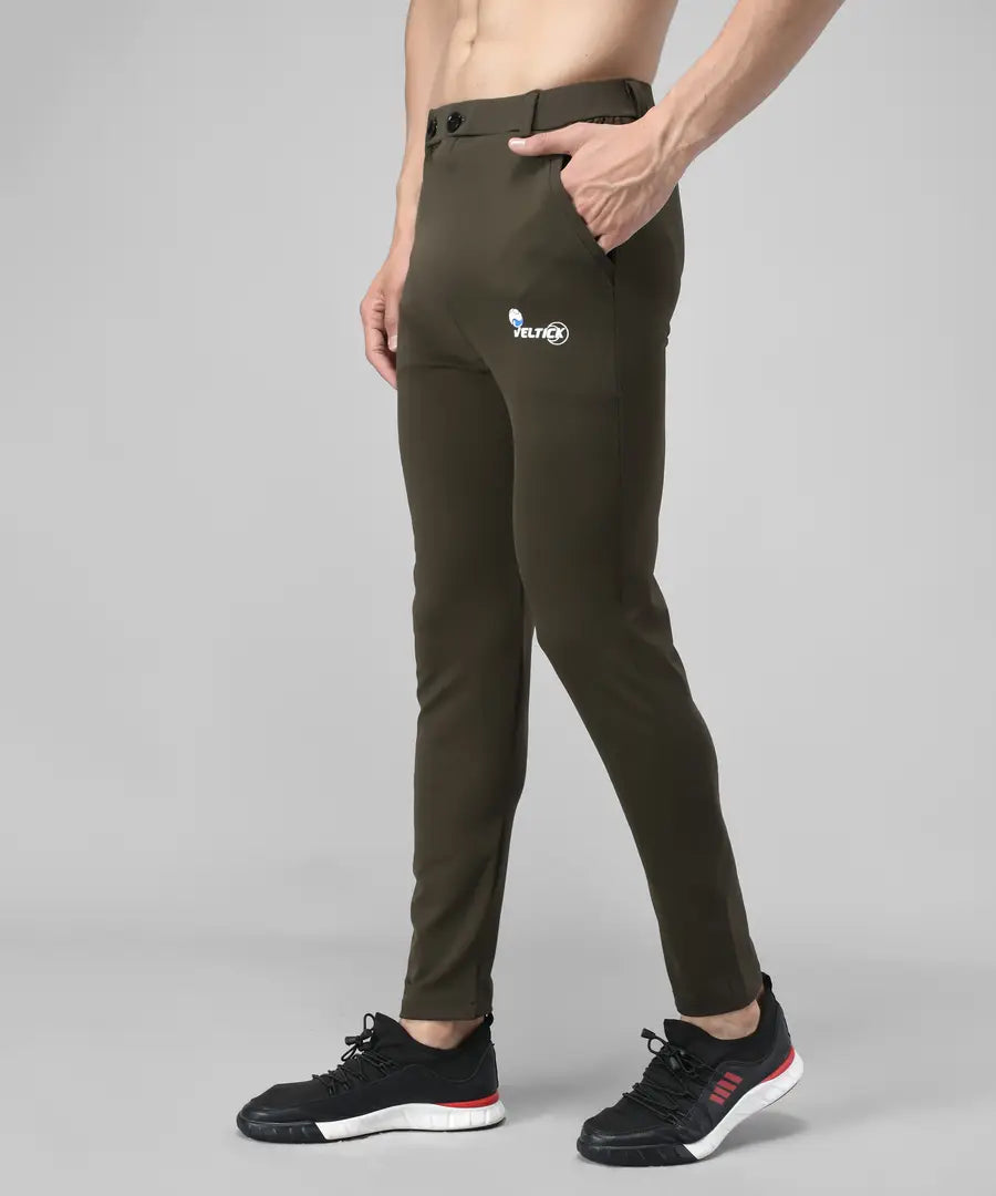 Olive Cotton Spandex Solid Regular Fit Track Pants