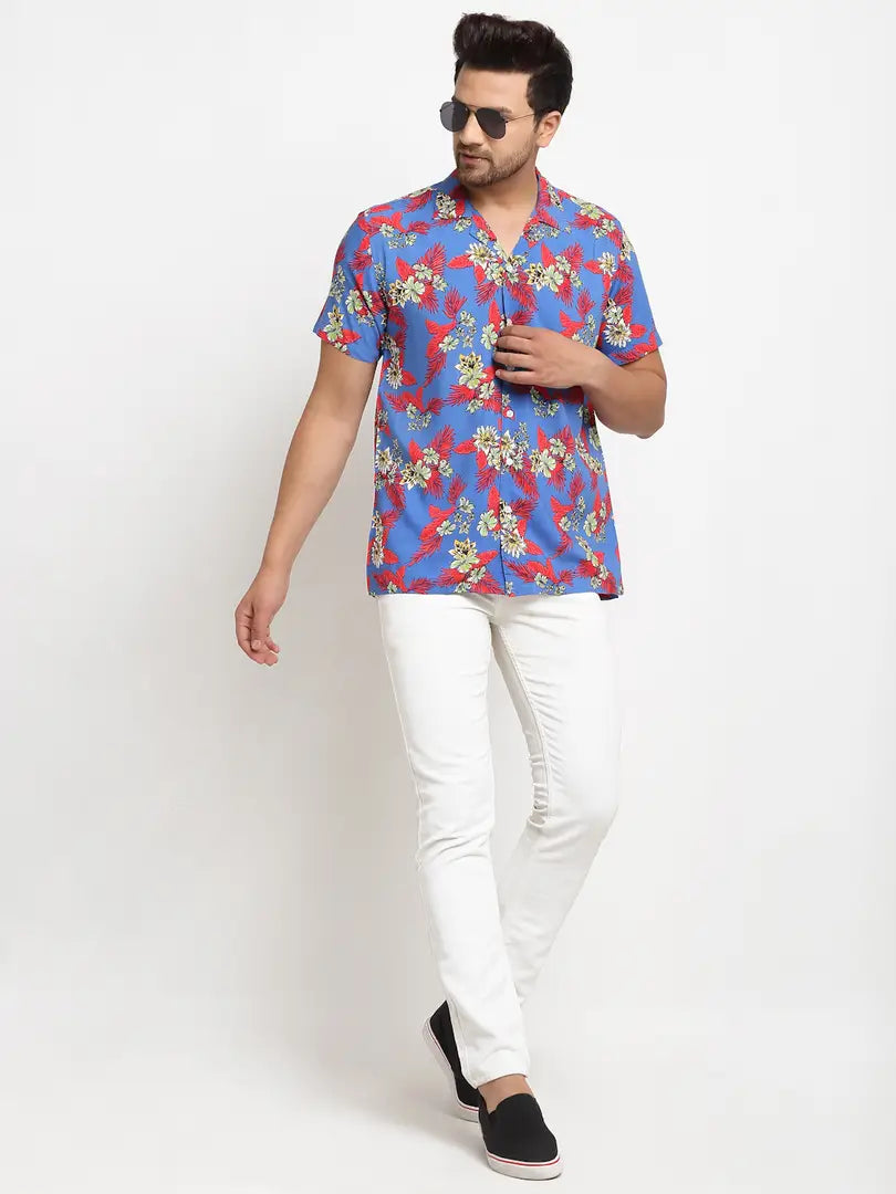 Stylish Cotton Blue Floral Print Short Sleeves Casual Shirt For Men
