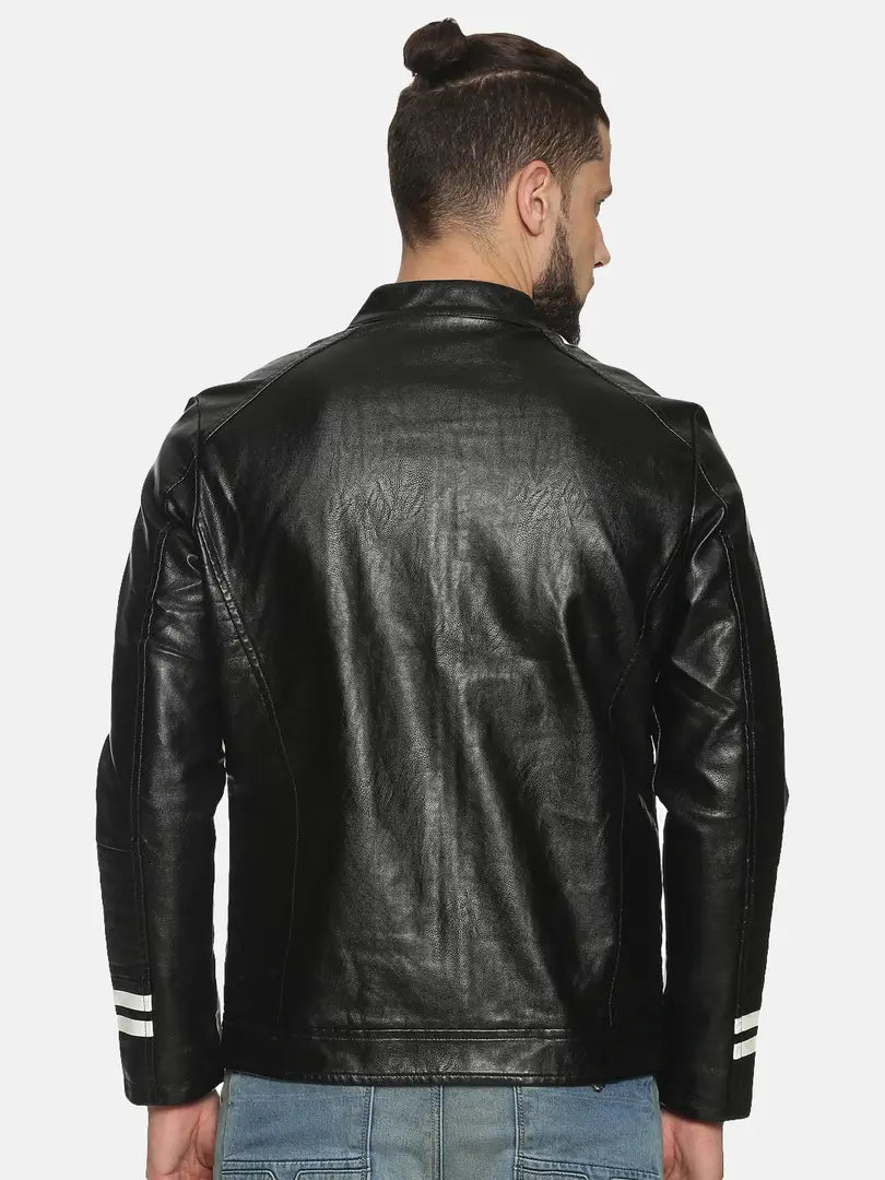 Elegant Black PU Long Sleeves Solid Jackets For Men