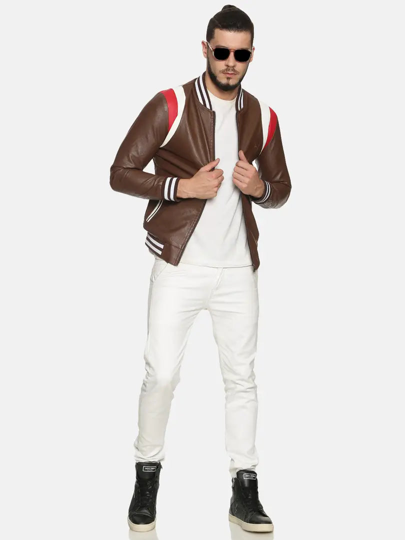 Elegant Brown PU Long Sleeves Colourblocked Jackets For Men