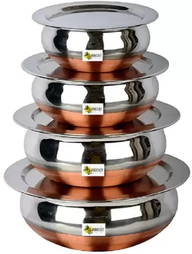 Useful Stainless Steel Copper Handi with Lids Set - 8 Pieces, 4 Handi, 4 Lids