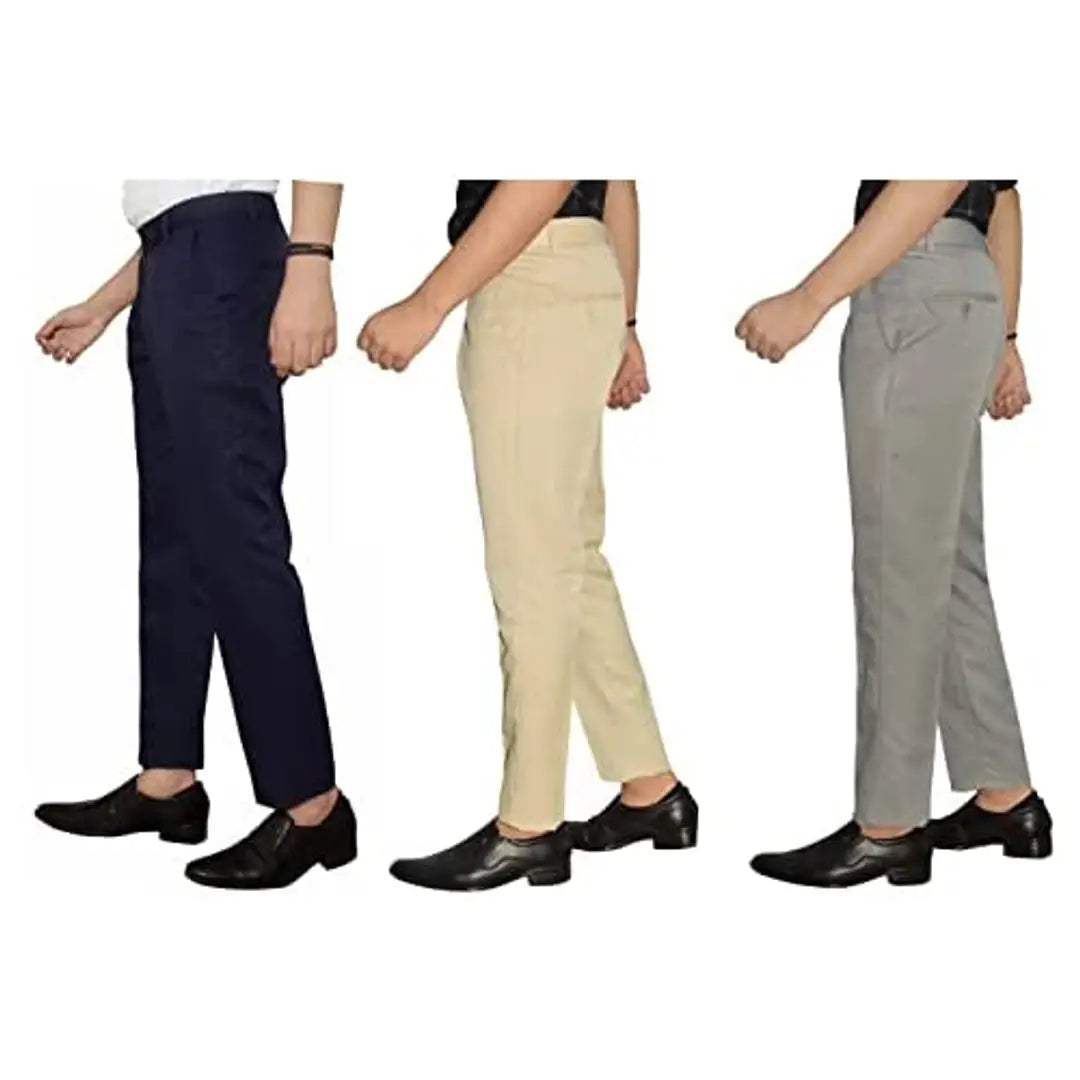 KUNDAN Slim Fit Men Poly-Viscose Blend Trousers (Pack of 3 Trousers; Multicolor)