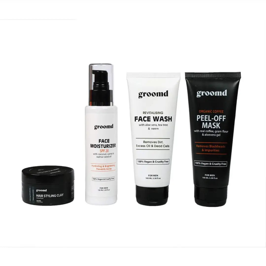 Groomd Face Brightening  Hair Styling Set - Revitalising Face Wash (100ML), Oragnic Coffee Peel-Off Mask (100ML)  Daily Face Moisturiser (100ML)  Hair Styling Clay (75gm) (4 Pcs)