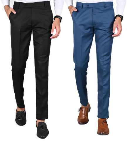 MANCREW Polyester Slim Fit Formal Trousers For Men - Black, Blue Combo (Pack Of 2)