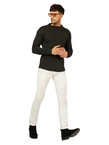 Trendy Acrylic Dark Grey Solid High Neck Sweater For Men