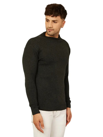 Trendy Acrylic Dark Grey Solid High Neck Sweater For Men