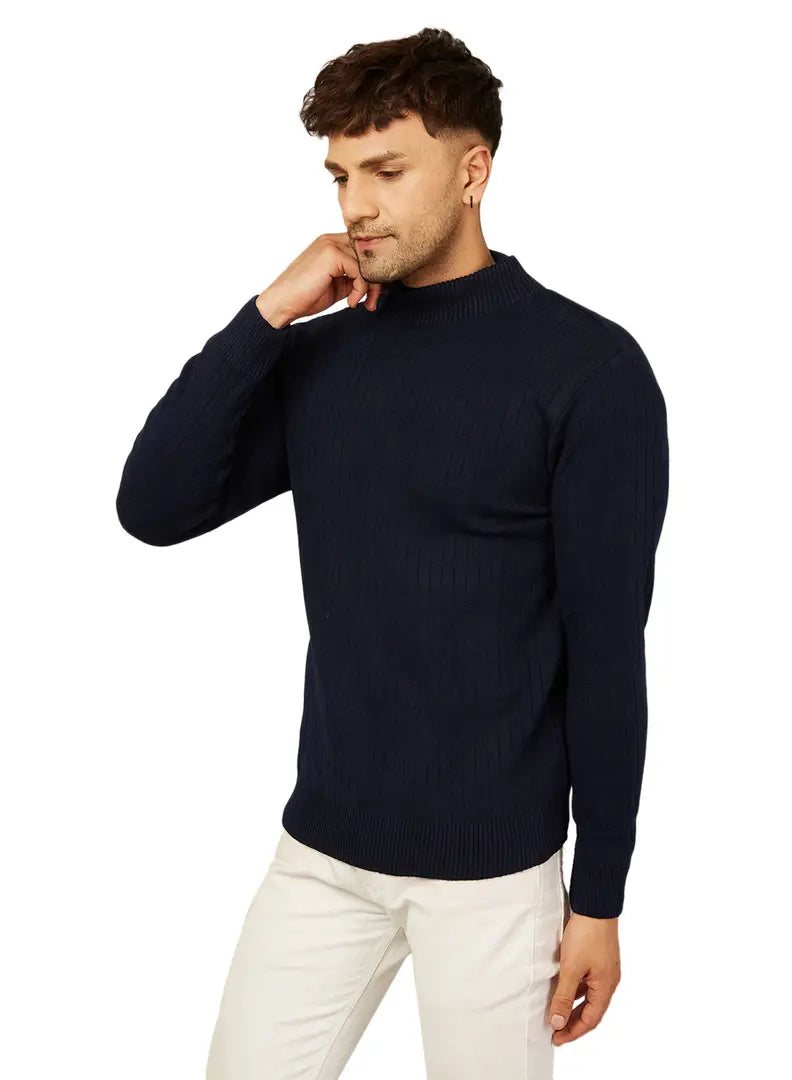 Trendy Acrylic Navy Blue Solid High Neck Sweater For Men