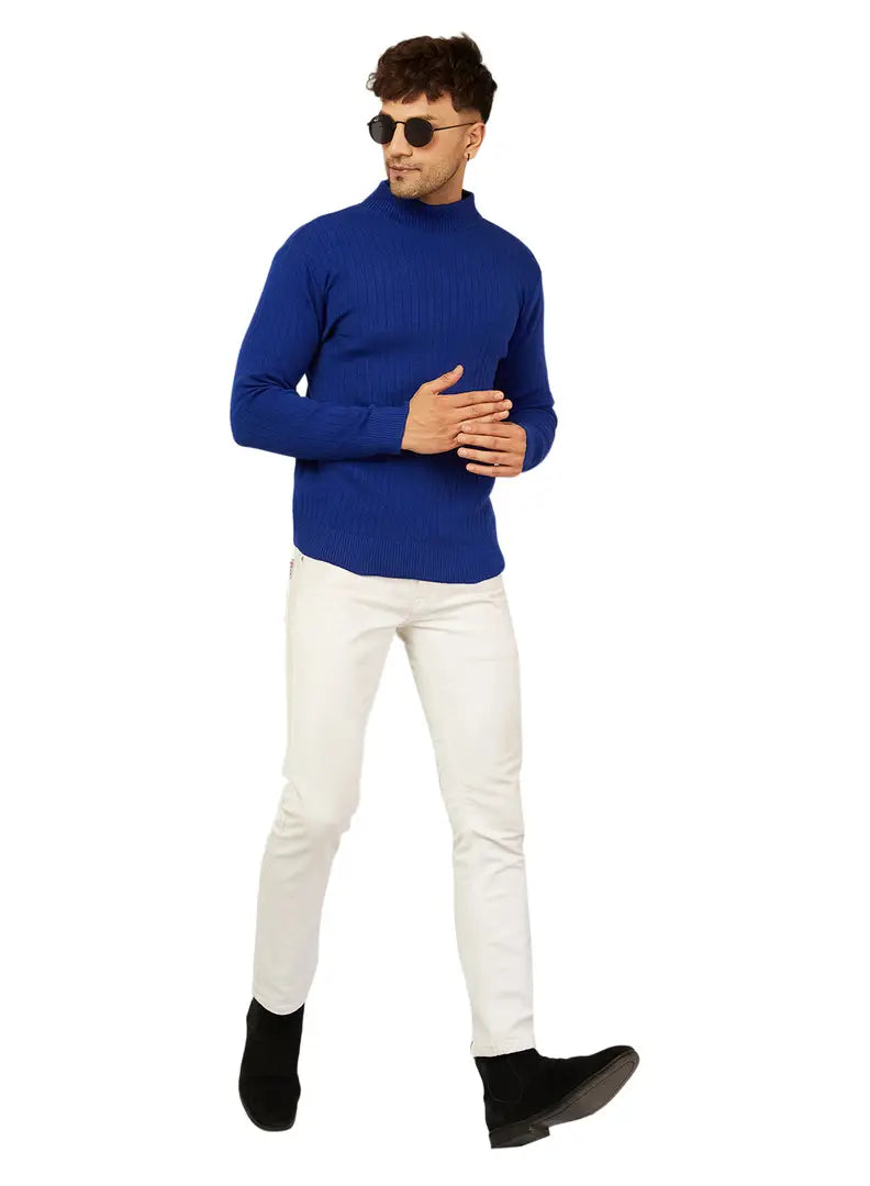 Trendy Acrylic Royal Blue Solid High Neck Sweater For Men