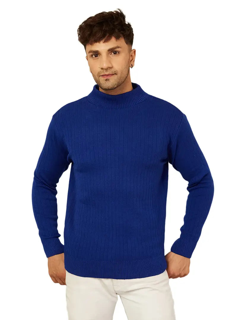 Trendy Acrylic Royal Blue Solid High Neck Sweater For Men