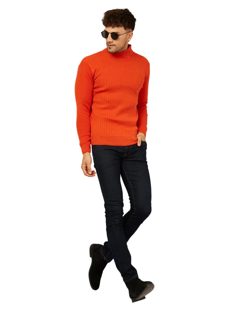 Trendy Acrylic Orange Solid High Neck Sweater For Men