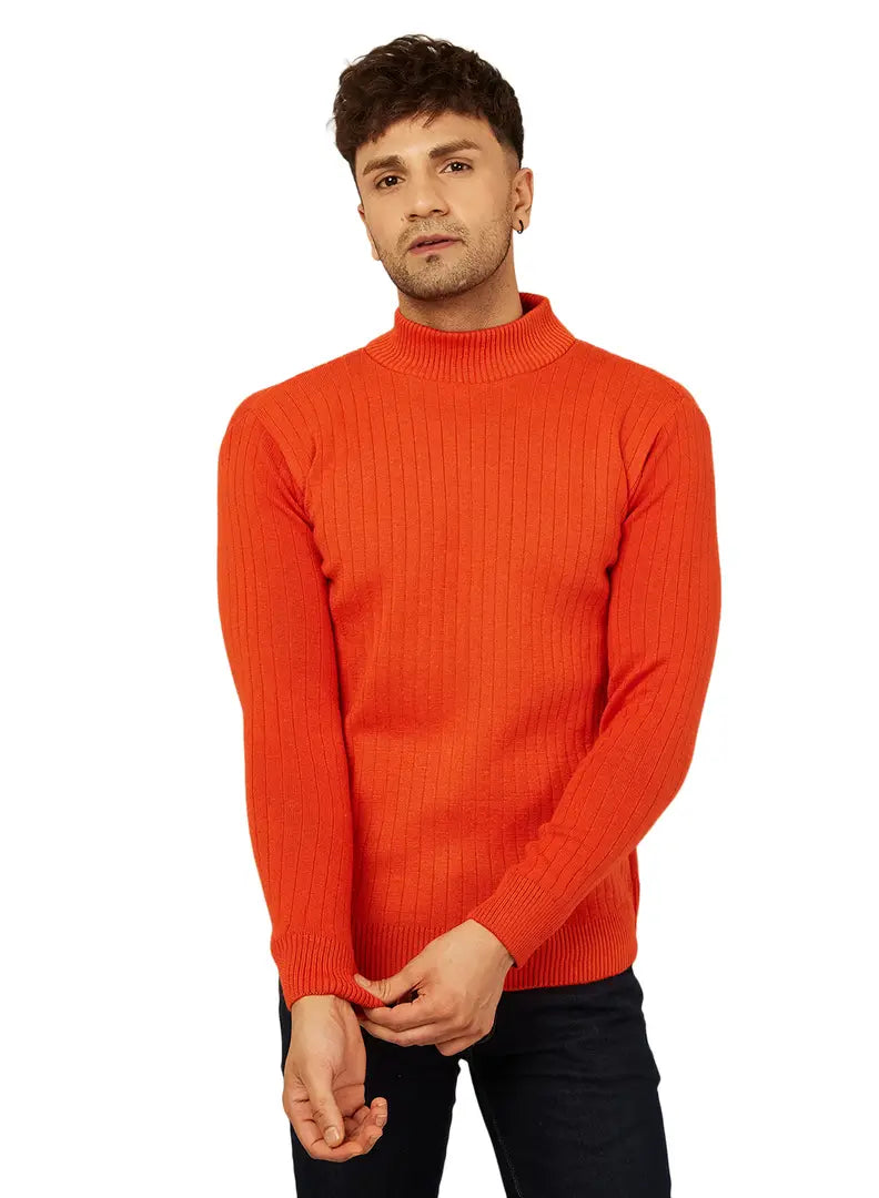 Trendy Acrylic Orange Solid High Neck Sweater For Men