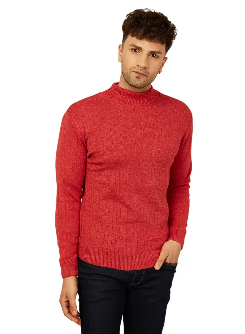 Trendy Acrylic Red Solid High Neck Sweater For Men