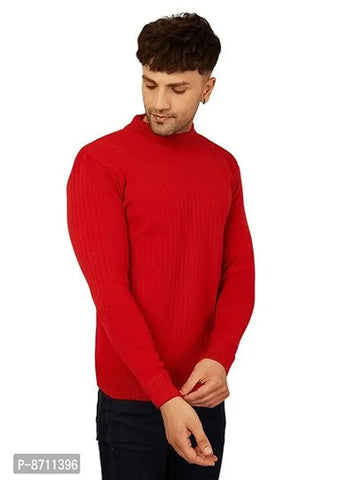 Trendy Acrylic Red Solid High Neck Sweater For Men