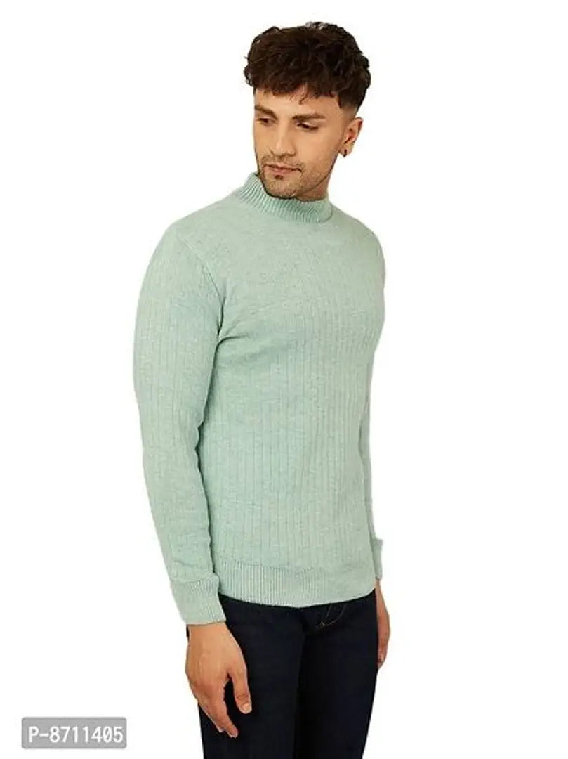 Trendy Acrylic Sea Green Solid High Neck Sweater For Men