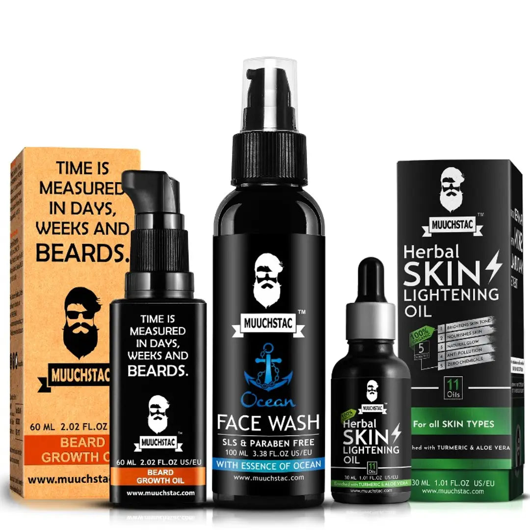Muuchstac Beard Growth Oil (60 ml), Skin Lightening Oil (30 ml) with Ocean Face Wash (100 ml)