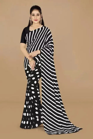 Womens Polka Dot with Stripe Printed Georgette Saree with Running Blouse