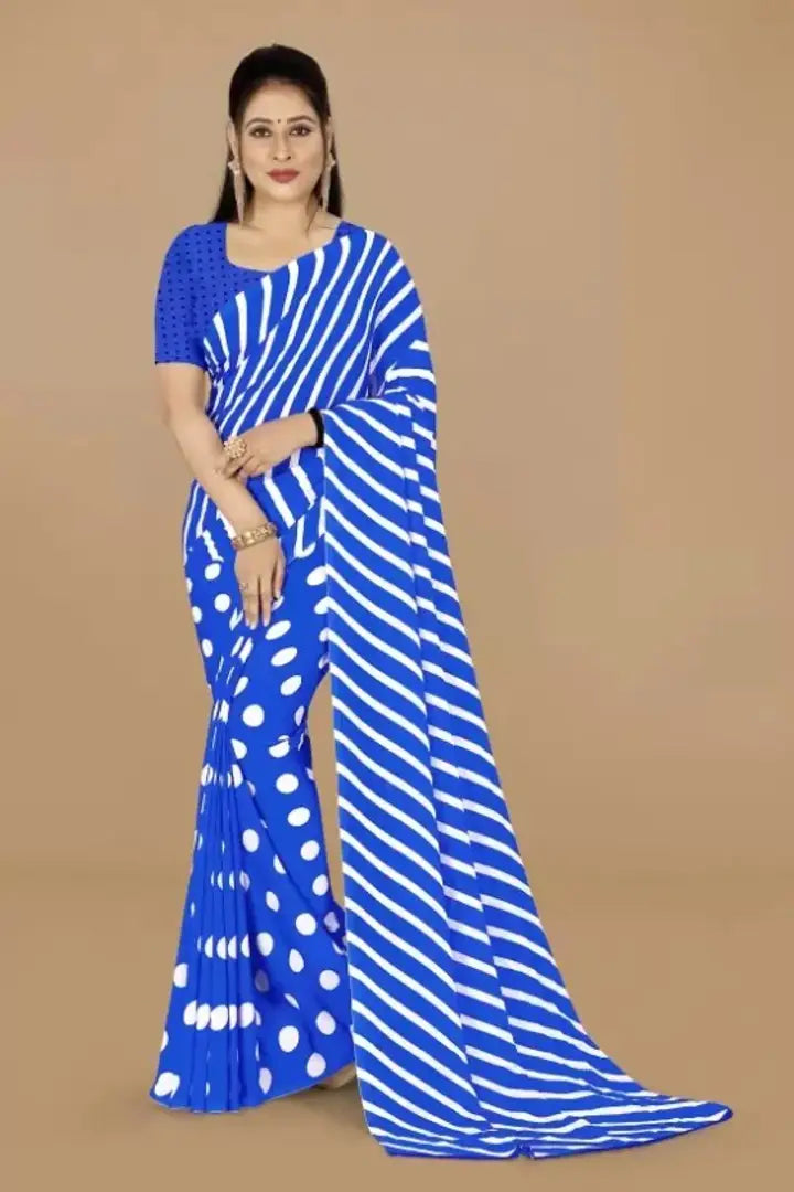 Womens Polka Dot with Stripe Printed Georgette Saree with Running Blouse