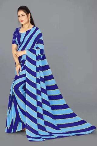 Womens Stripe Printed Georgette Saree with Running Blouse