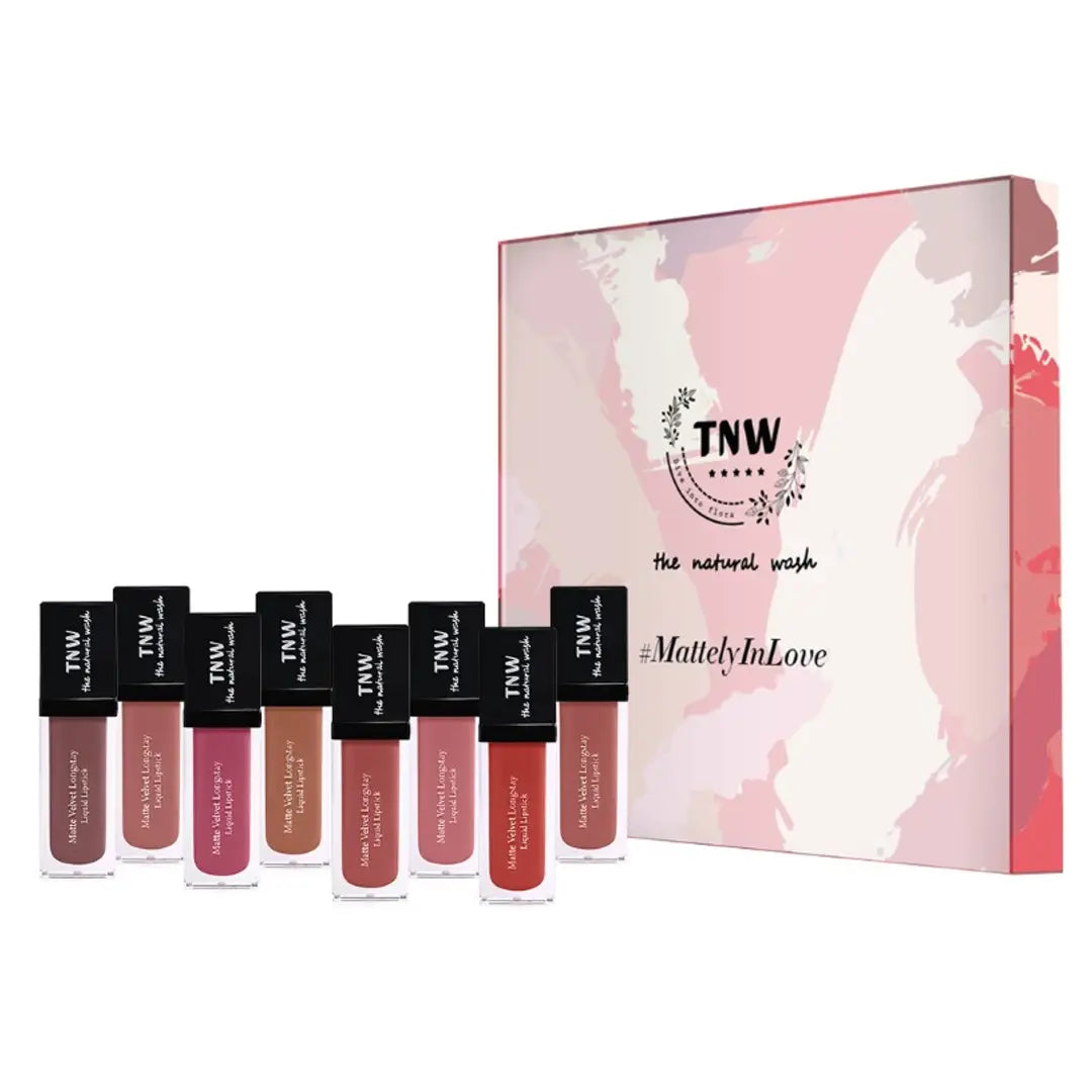 TNW -The Natural Wash Matte Velvet Longstay Liquid Lipstick with Macadamia Oil and Argan Oil - Set of 8| Transferproof | Pigmented