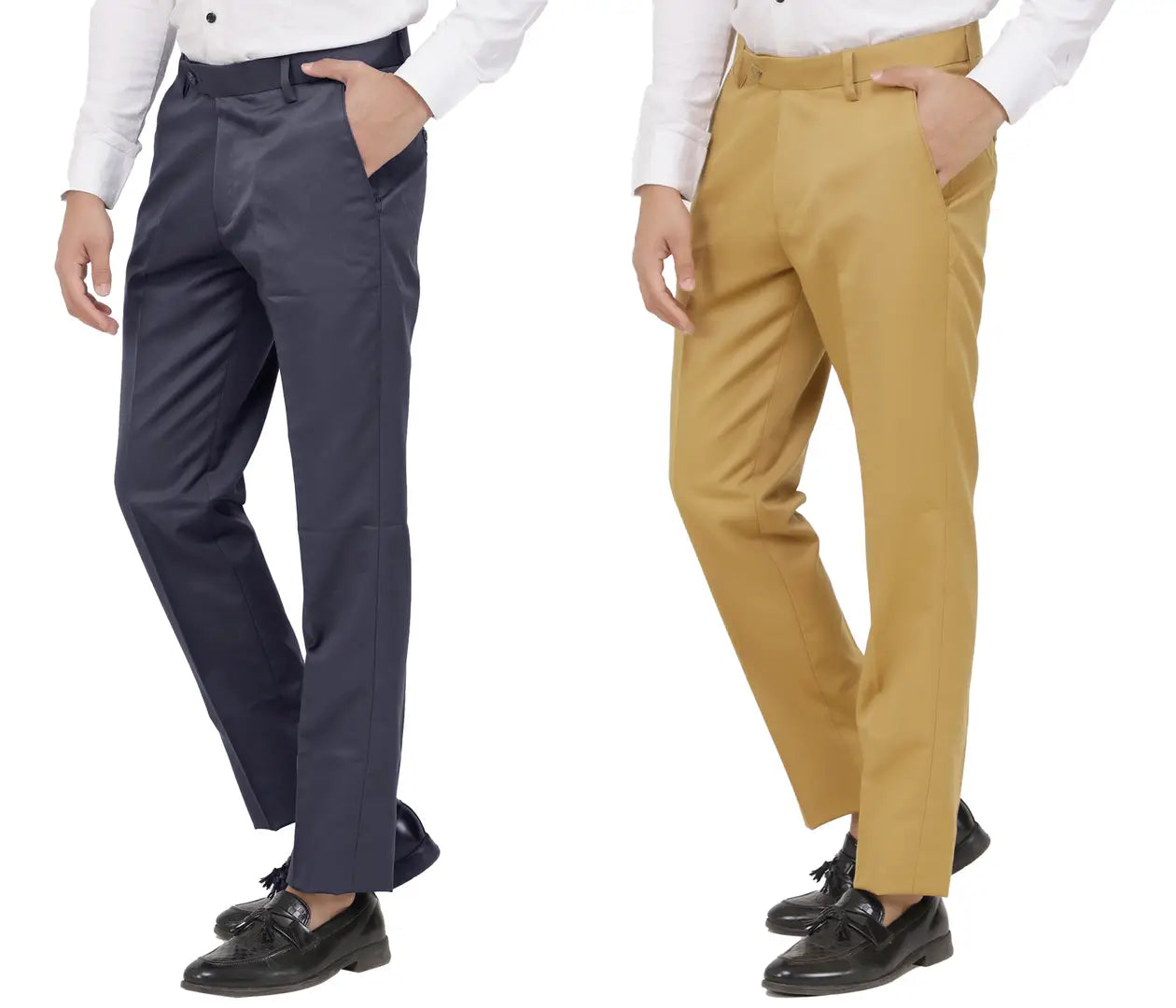 Kundan Men Poly-Viscose Blended Dark Grey and Khaki Formal Trousers ( Pack of 2 Trousers )