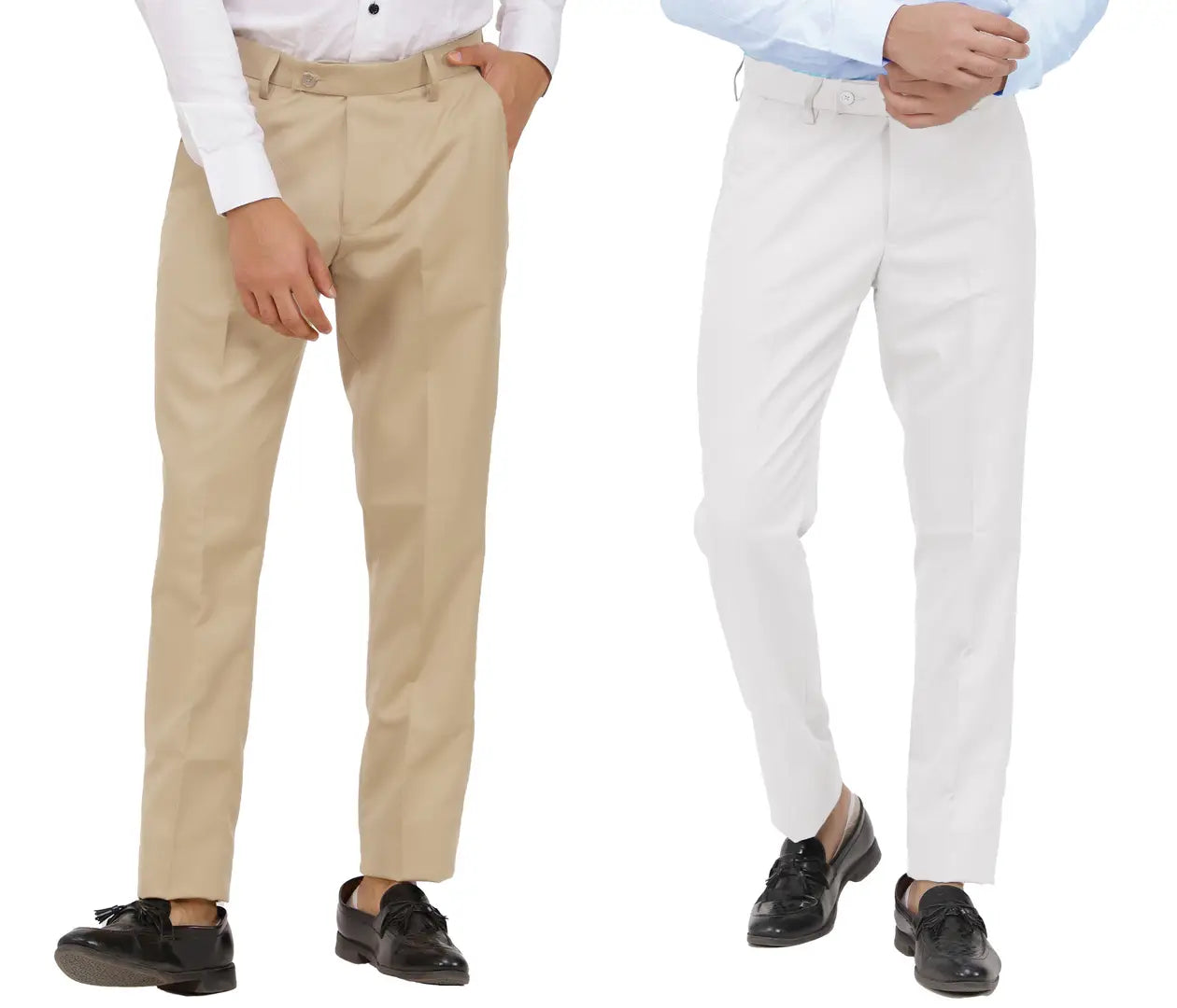 Kundan Men Poly-Viscose Blended Beige and White Formal Trousers ( Pack of 2 Trousers )
