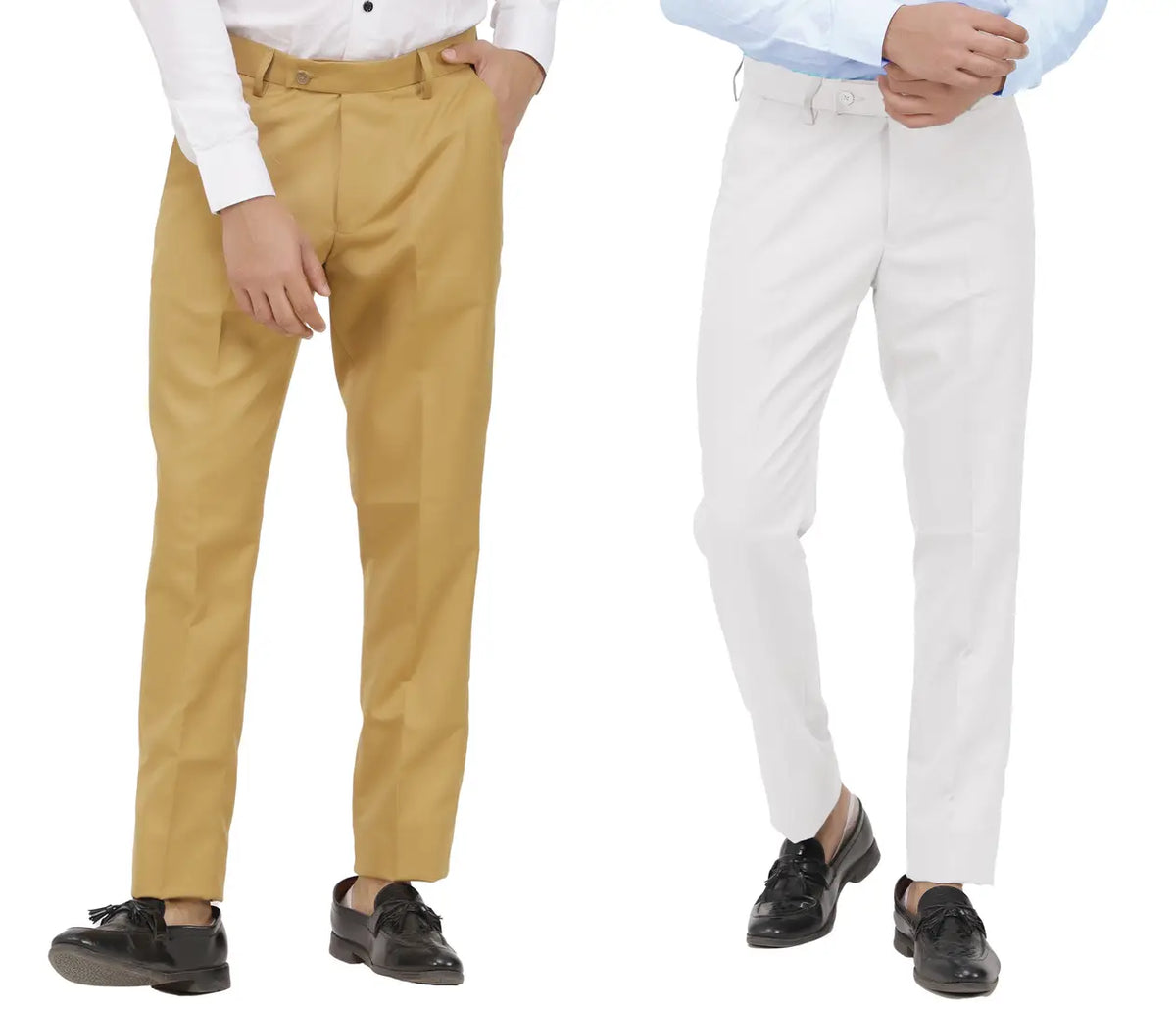 Kundan Men Poly-Viscose Blended Khaki and White Formal Trousers ( Pack of 2 Trousers )