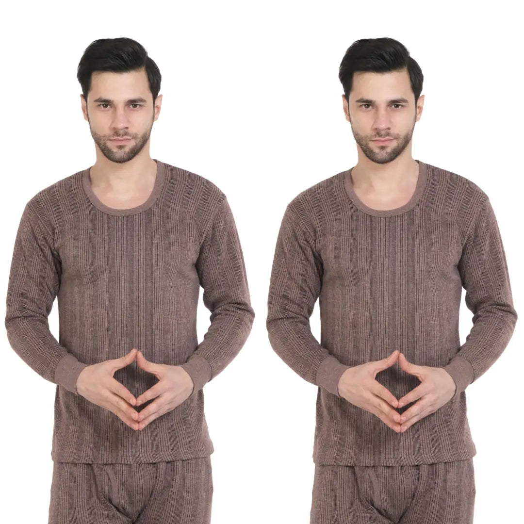 Stylish Brown Cotton Blend Solid Thermal Tops For Men- Pack Of 2