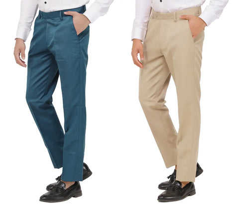 Kundan Men Poly-Viscose Blended Morpich Blue and Beige Formal Trousers ( Pack of 2 Trousers )