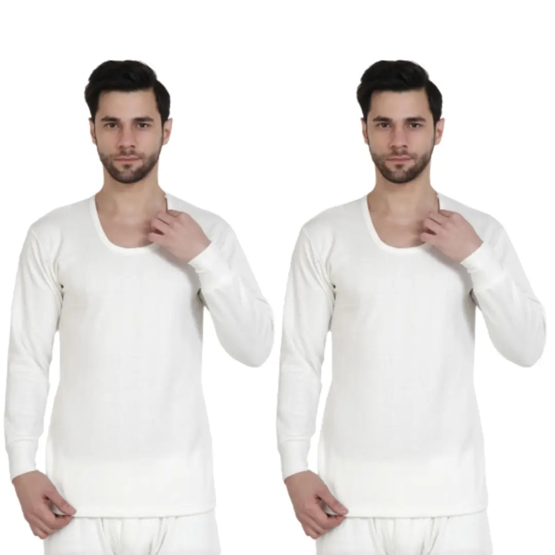 Stylish White Cotton Blend Solid Thermal Tops For Men- Pack Of 2