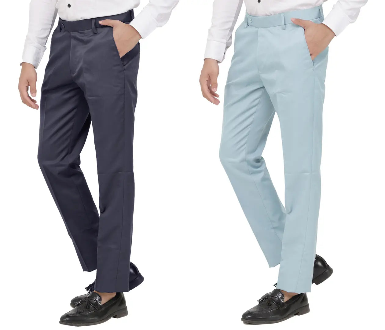 Kundan Men Poly-Viscose Blended Dark Grey and Light Sky Blue Formal Trousers ( Pack of 2 Trousers )