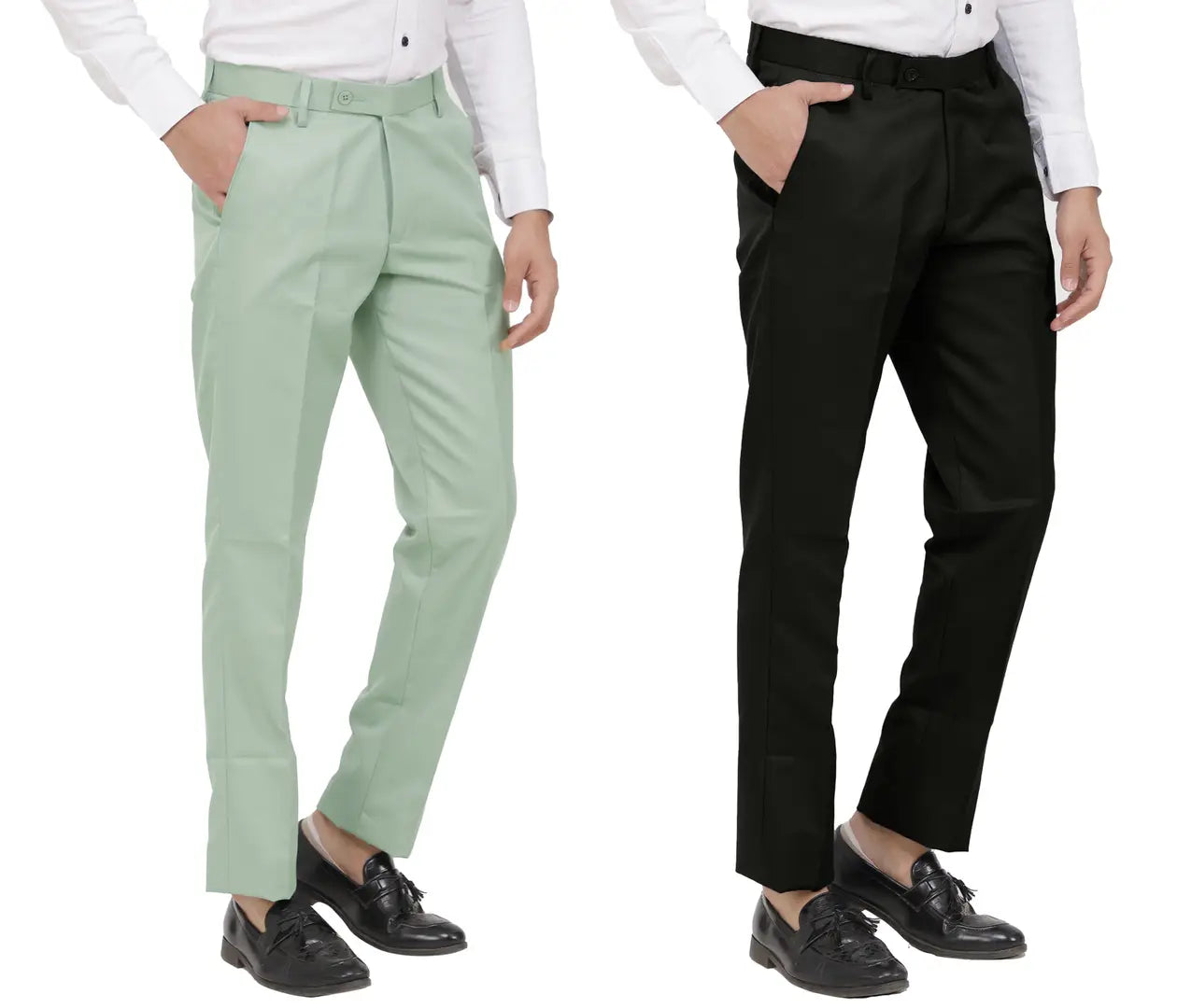 Kundan Men Poly-Viscose Blended Olive Green and Black Formal Trousers ( Pack of 2 Trousers )