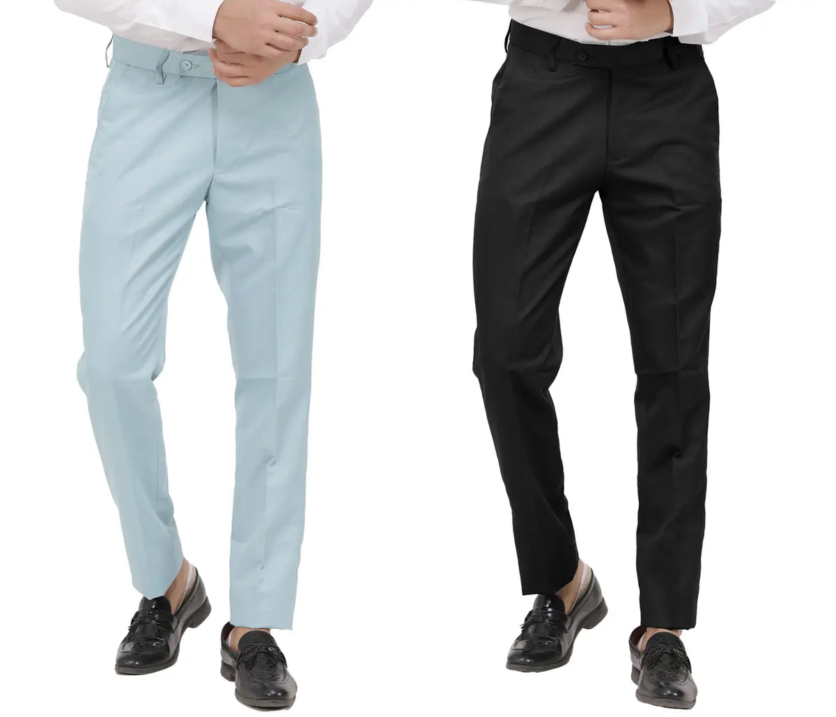 Kundan Men Poly-Viscose Blended Light Sky Blue and Black Formal Trousers ( Pack of 2 Trousers )
