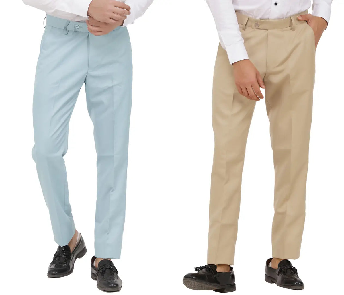 Kundan Men Poly-Viscose Blended Light Sky Blue and Beige Formal Trousers ( Pack of 2 Trousers )