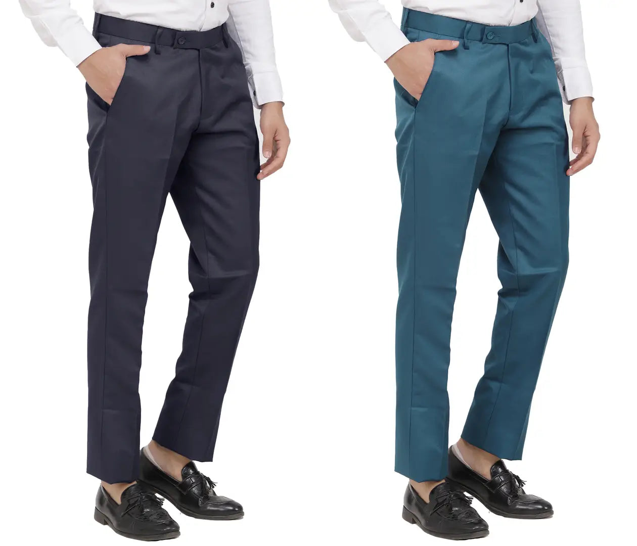 Kundan Men Poly-Viscose Blended Dark Grey and Morpich Blue Formal Trousers ( Pack of 2 Trousers )