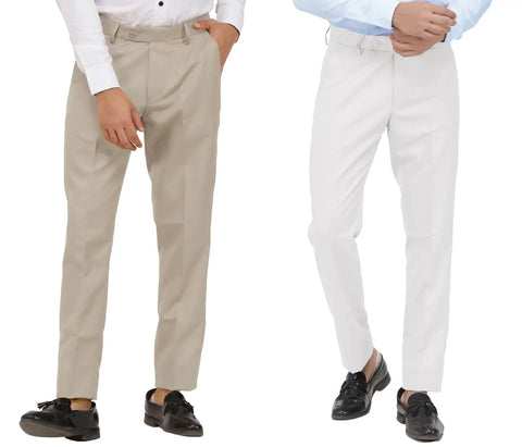 Kundan Men Poly-Viscose Blended Light Cot Brown and White Formal Trousers ( Pack of 2 Trousers )