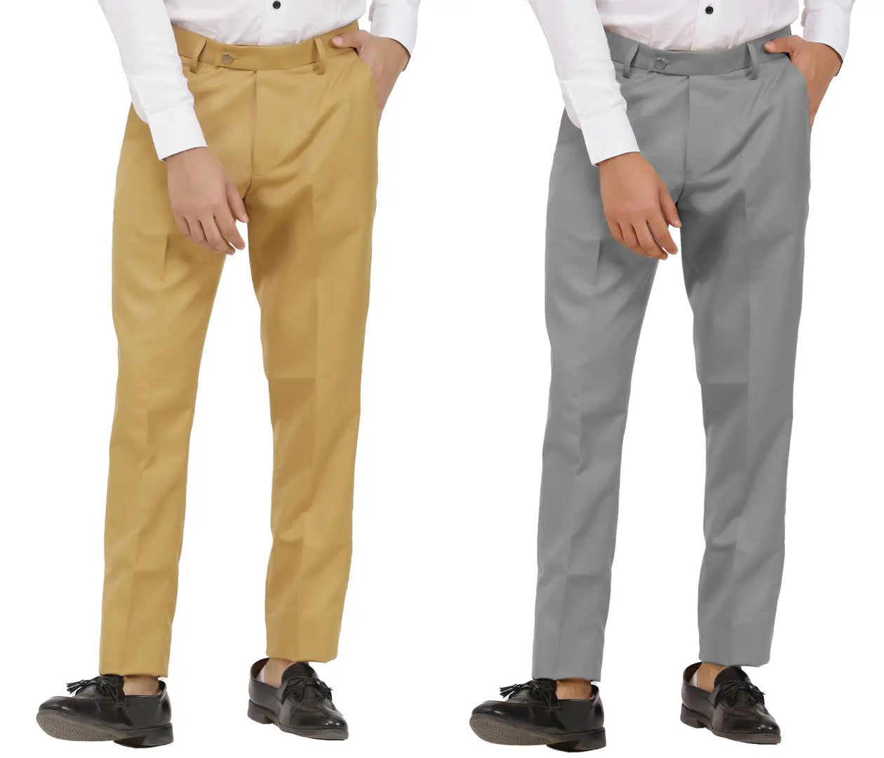 Kundan Men Poly-Viscose Blended Khaki and Light Cot Grey Formal Trousers ( Pack of 2 Trousers )