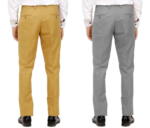 Kundan Men Poly-Viscose Blended Khaki and Light Cot Grey Formal Trousers ( Pack of 2 Trousers )