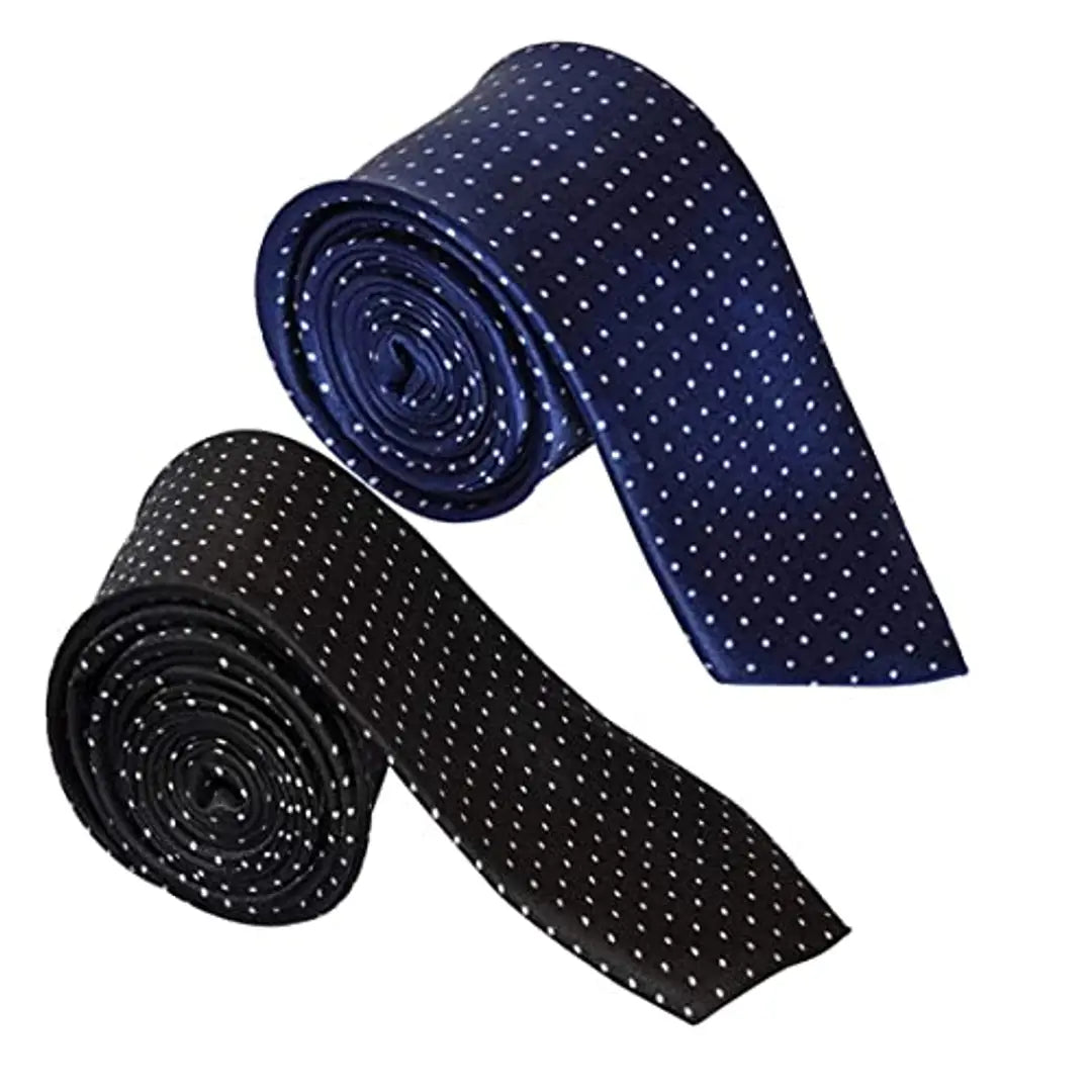 Sunshopping men's black and navy blue color with white doted narrow Tie (pack of two) (Multicolored)
