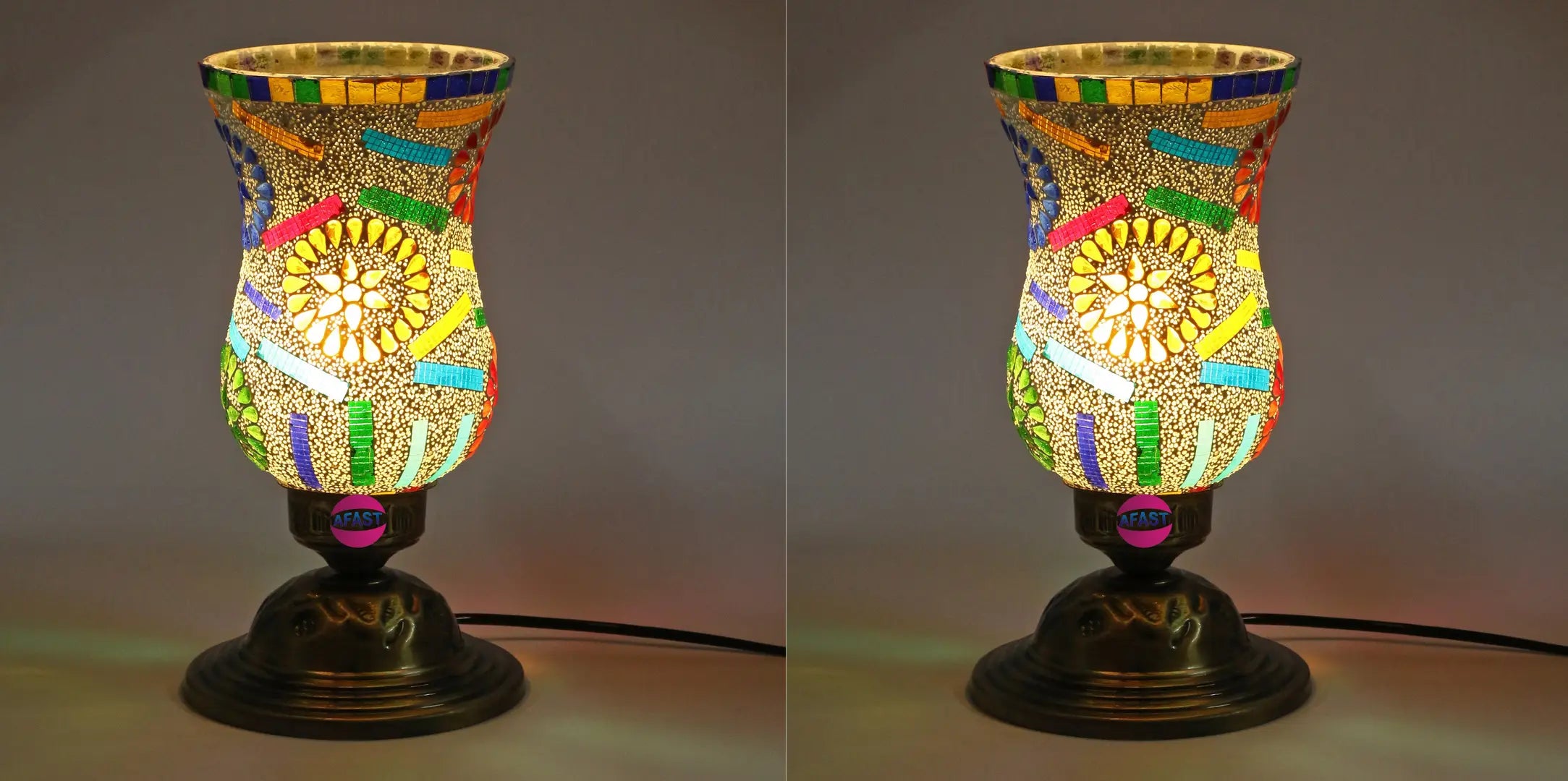 Designer Decorative Metal Table Lamp With Hand Decorative Colorful Glass Shade, Pack of 2