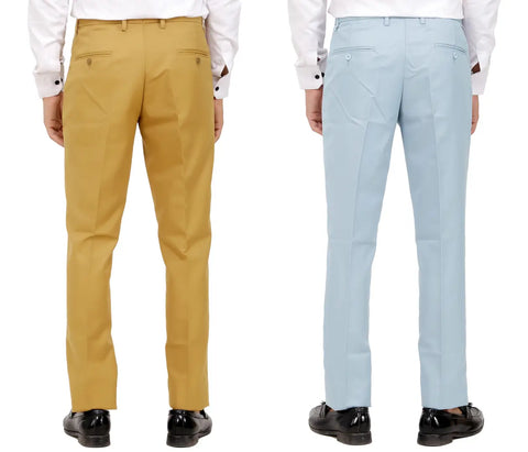 Kundan Men Poly-Viscose Blended Khaki and Light Sky Blue Formal Trousers ( Pack of 2 Trousers )